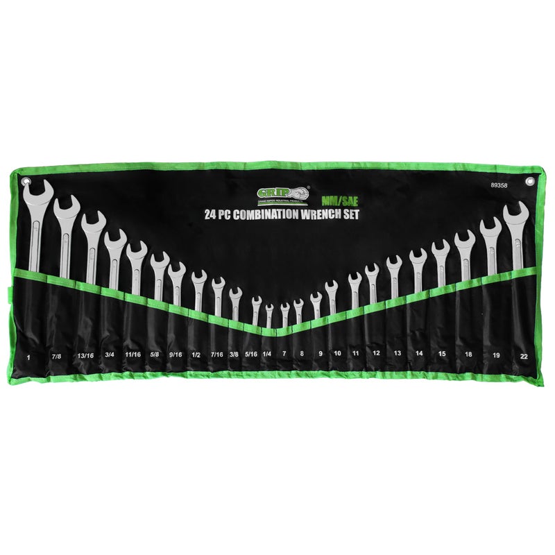 Grip 24 pc Combination Wrench Set MM/SAE - Raised Panel - Open & Boxed Ends - Roll-up Storage Pouch - MM: 7mm to 22mm - SAE: 1/4â€ to 1â€ - Image 1